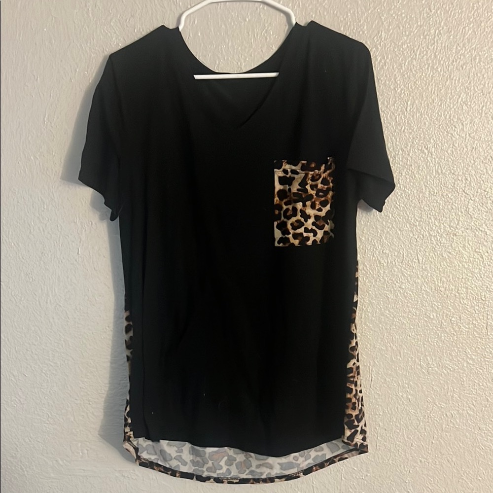Black T-Shirt with Leopard Print Accents